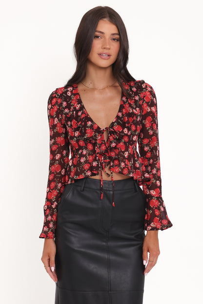 Aveline Chiffon Ruffle Front Top - Brown Floral