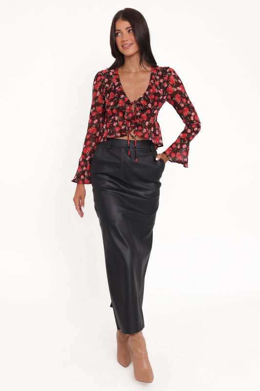 Aveline Chiffon Ruffle Front Top - Brown Floral