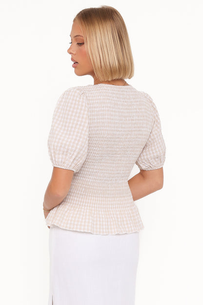 Callista Shirred Waist Top - Beige Gingham