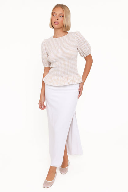 Callista Shirred Waist Top - Beige Gingham