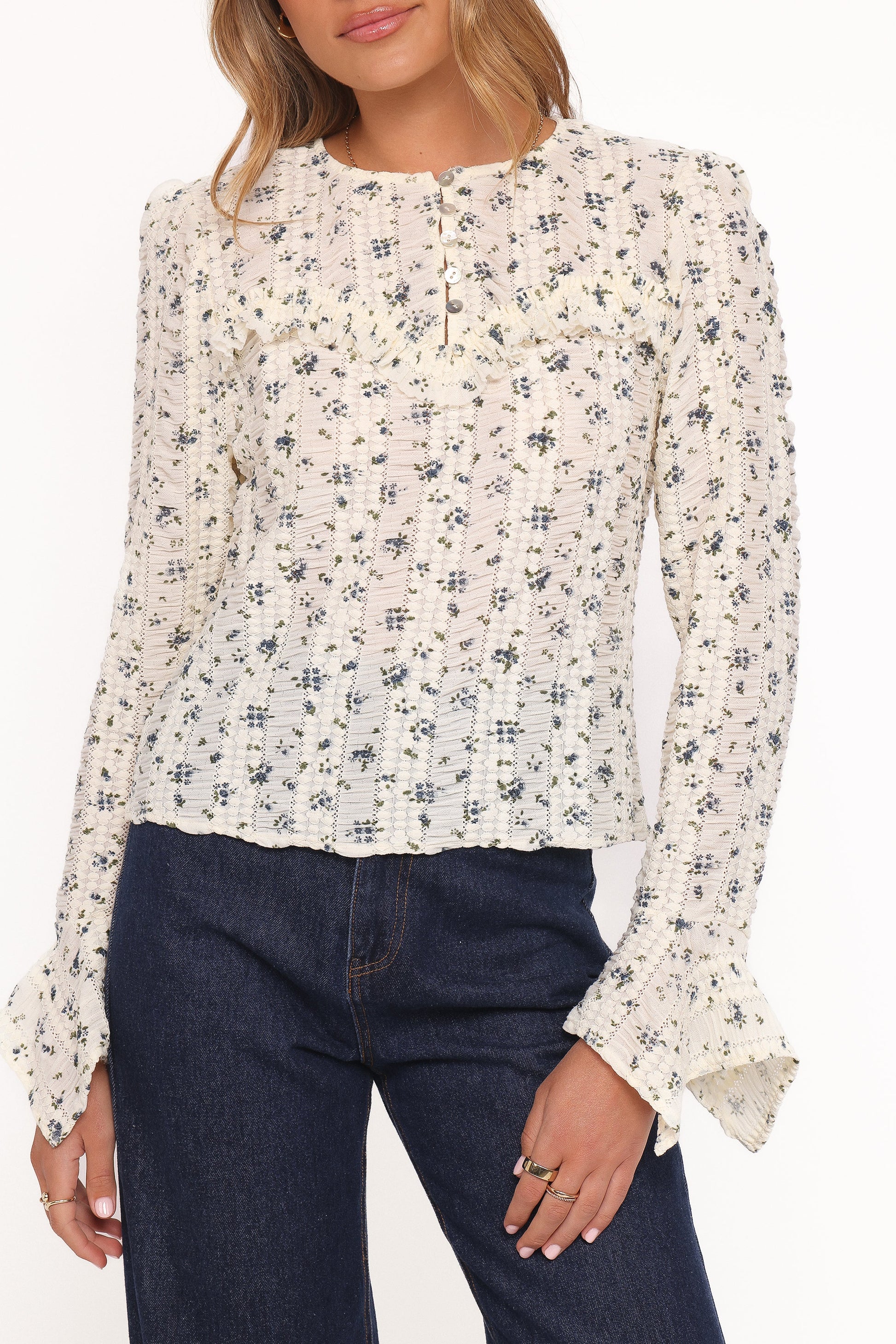 Eira Textured Ruffle Top - Cream Blue Floral