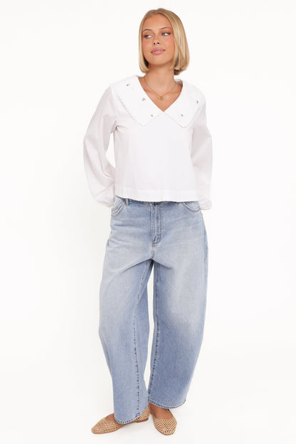 Kenna Embroidered Long Sleeve Top - White Floral