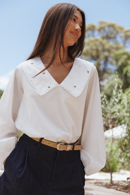 Kenna Embroidered Long Sleeve Top - White Floral