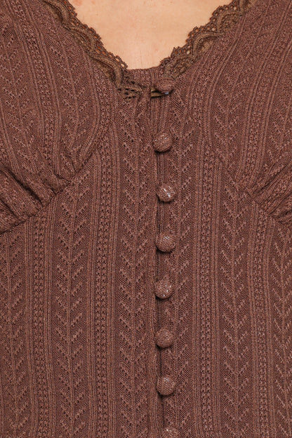 Leslie Long Sleeve Textured Button Front Top - Chocolate
