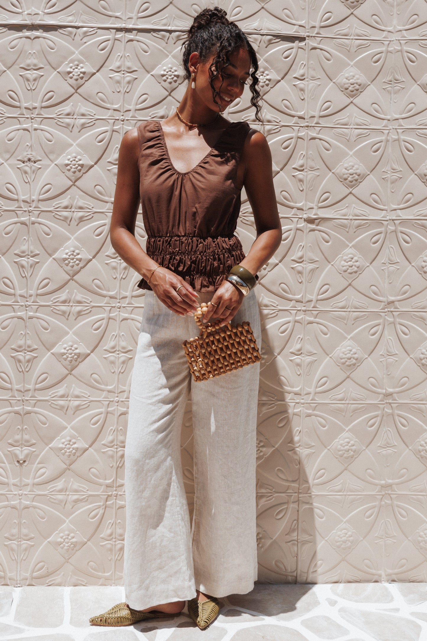 Lucilla Shirred Waist Top - Chocolate