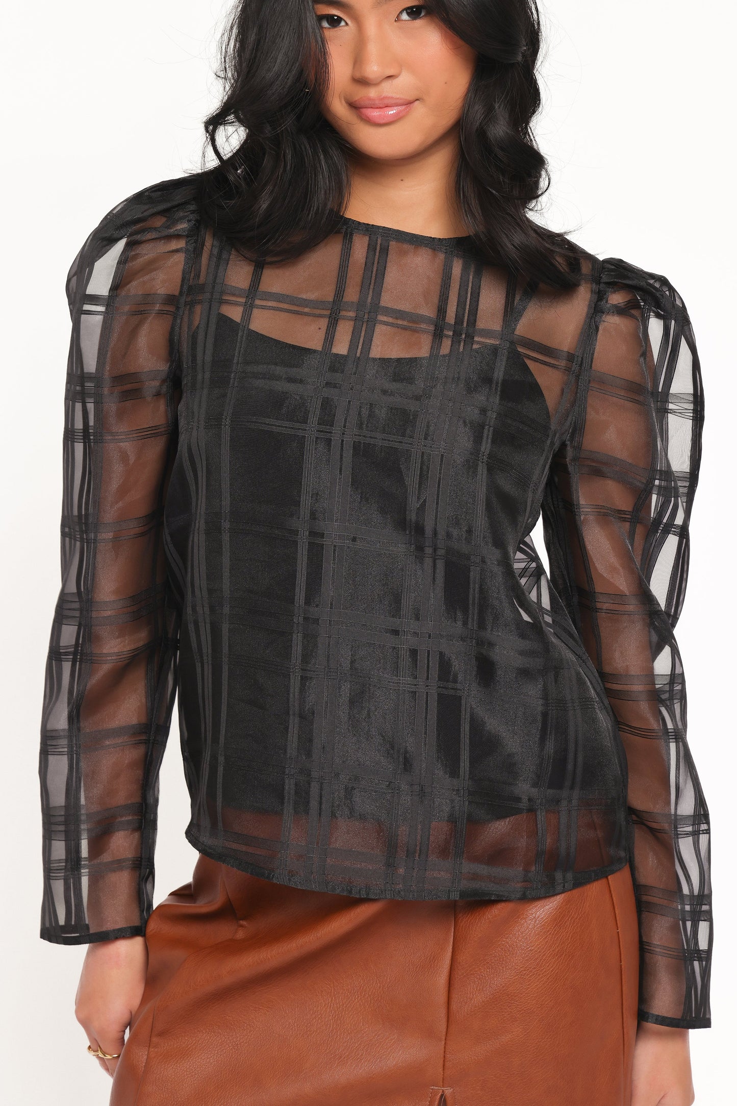 Peony Long Sleeve Sheer Top with Cami - Black