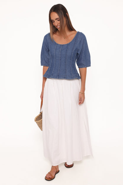 Saylor Denim Peplum Top - Blue Medium Wash