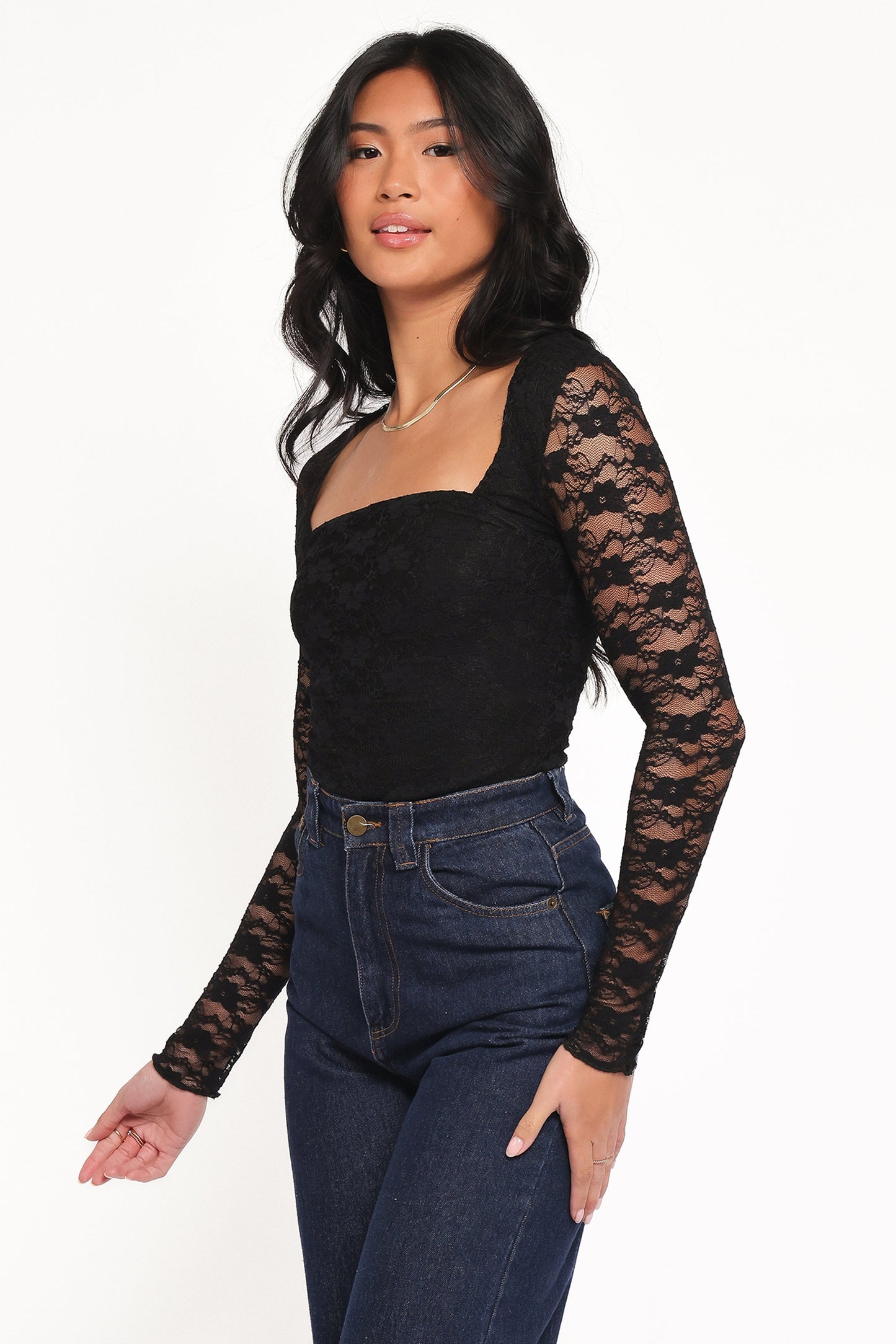 Skyler Square Neck Stretch Lace Top - Black