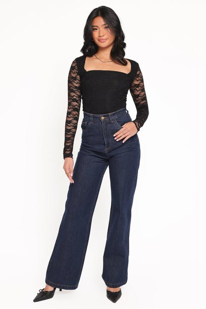 Skyler Square Neck Stretch Lace Top - Black