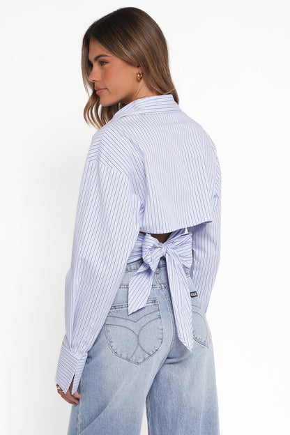Vienne Tie Back Button Up Shirt - Blue/Brown Stripe
