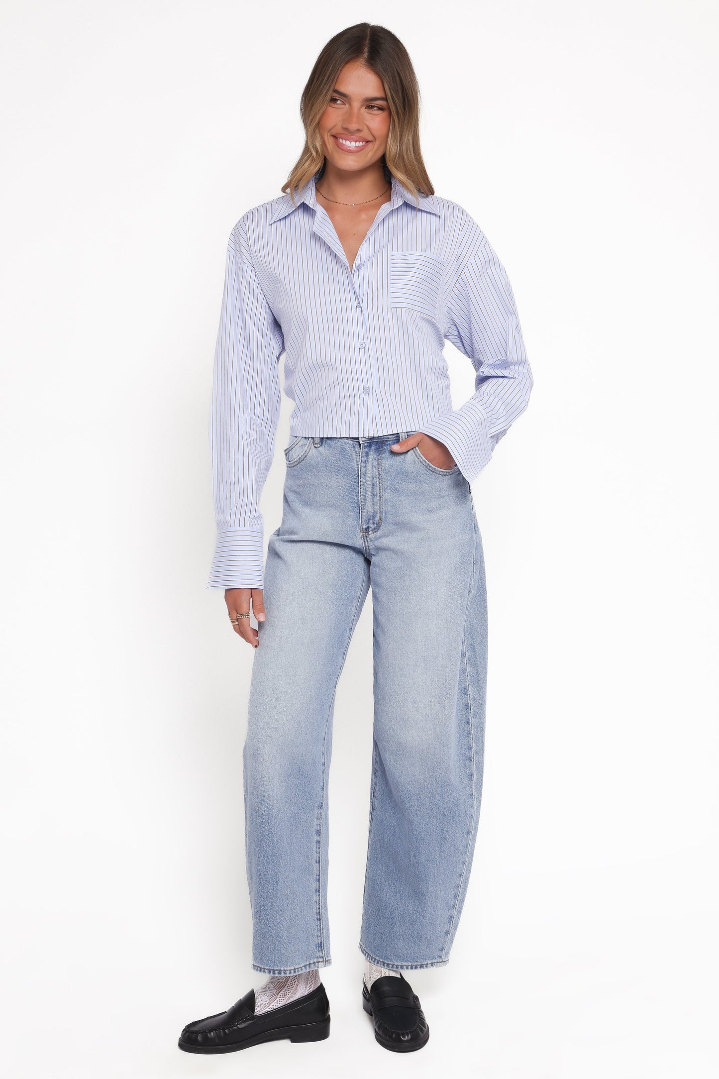Vienne Tie Back Button Up Shirt - Blue/Brown Stripe