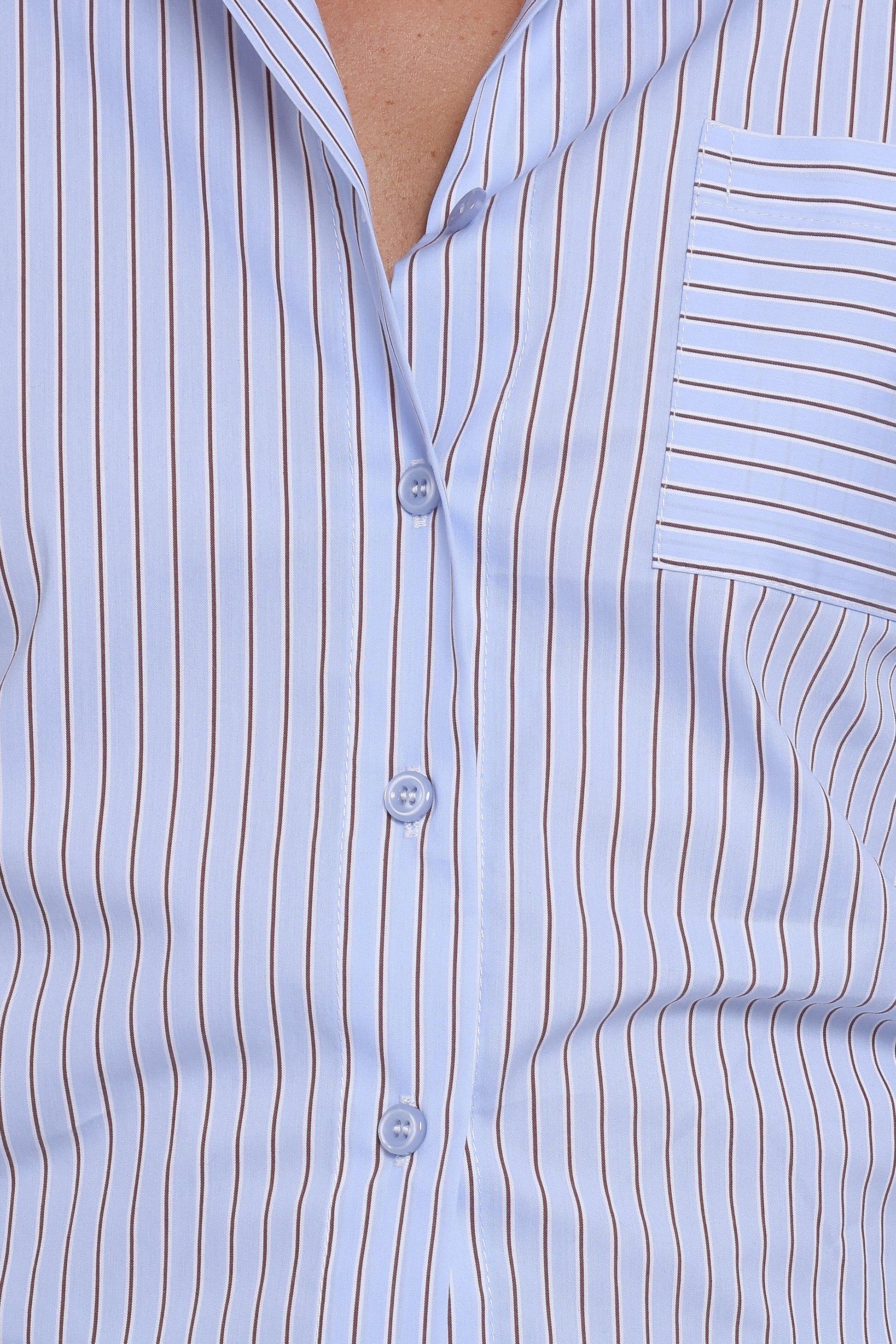 Vienne Tie Back Button Up Shirt - Blue/Brown Stripe