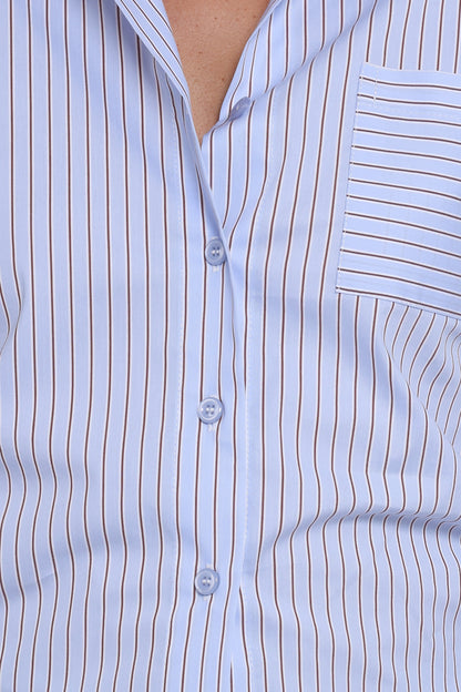 Vienne Tie Back Button Up Shirt - Blue/Brown Stripe